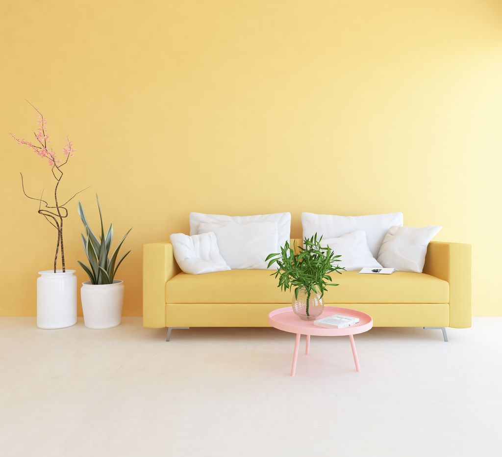 Orange,Minimalist,Living,Room,Interior,With,Sofa,On,A,Wooden