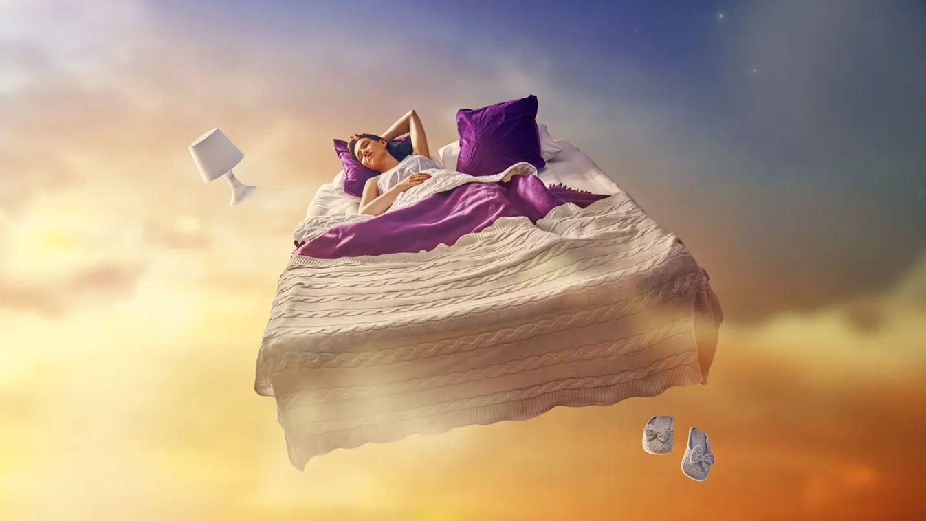 Woman's,Dreams.,Pretty,Girl,Is,Flying,In,Her,Bed,Trough