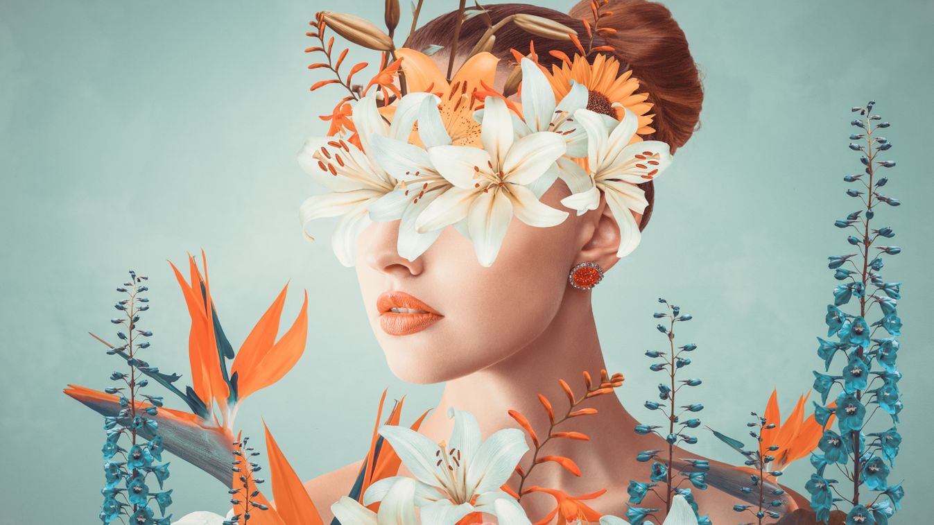 Abstract,Contemporary,Art,Collage,Portrait,Of,Young,Woman,With,Flowers