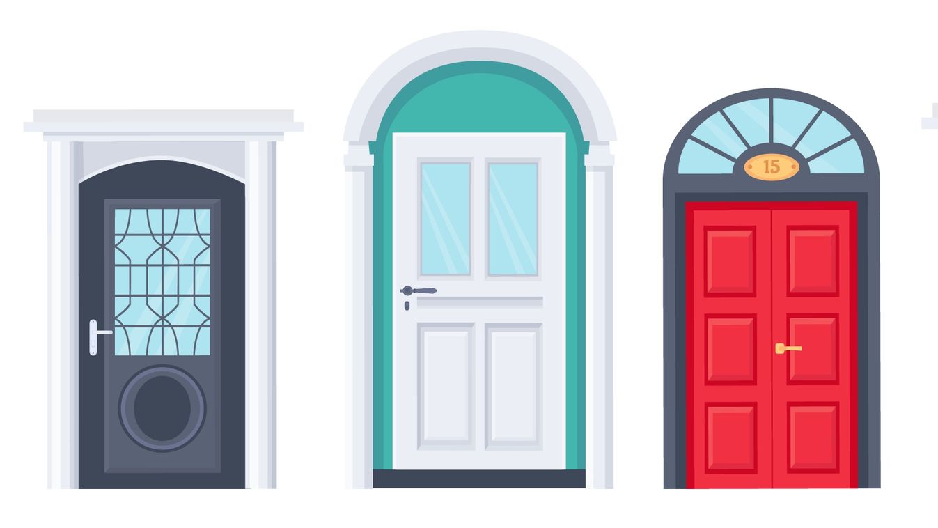 Front,Doors.,Cartoon,Vintage,House,Wooden,Doorway.,Door,With,Glass