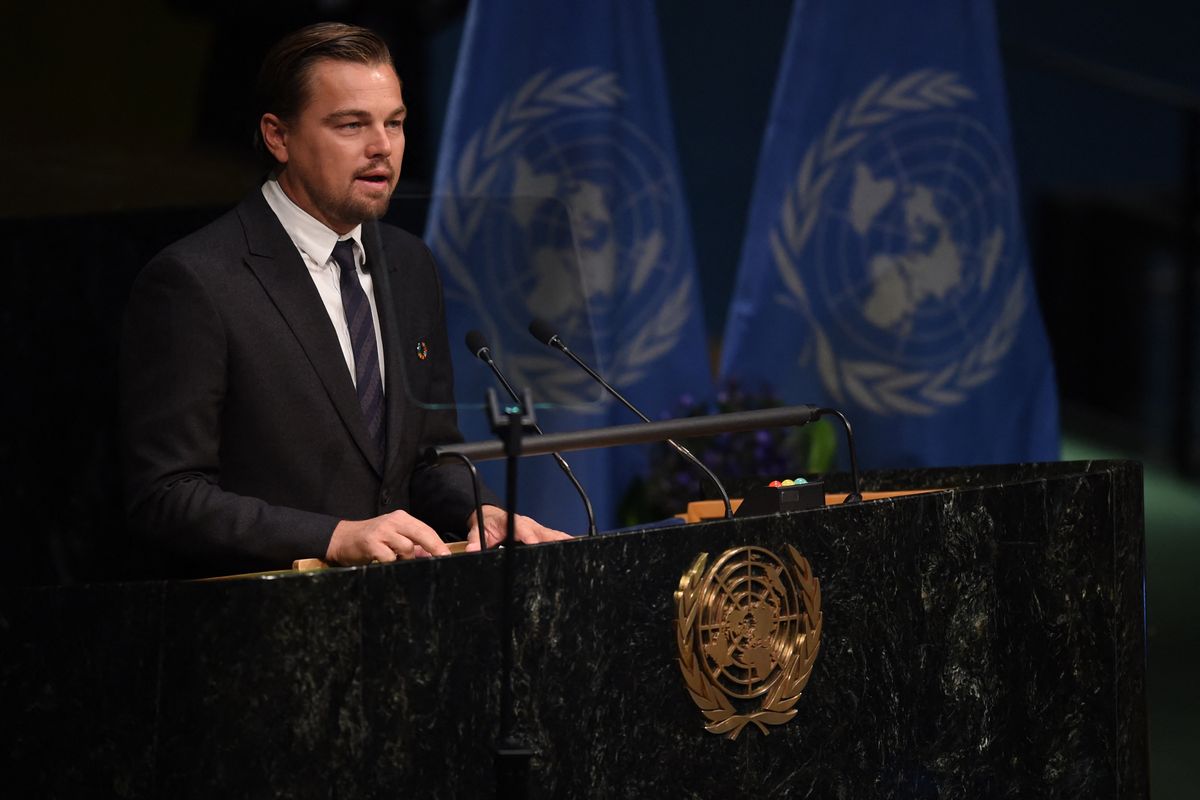 Leonardo DiCaprio, actor and UN Messenger of Peace addresses the high level signature ceremony for the Paris Agreement at the United Nations General Assembly Hall April 22, 2016 in New York. 