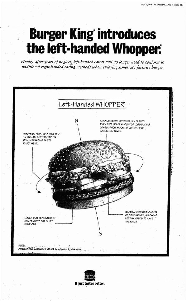 áprilisi tréfa, balkezes whopper burger king 1998