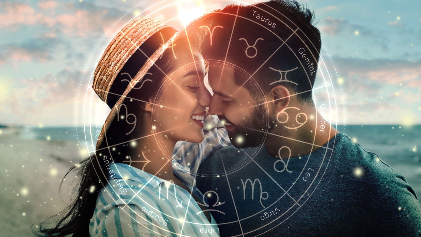 Horoscope,Compatibility.,Loving,Couple,On,Beach,And,Zodiac,Wheel