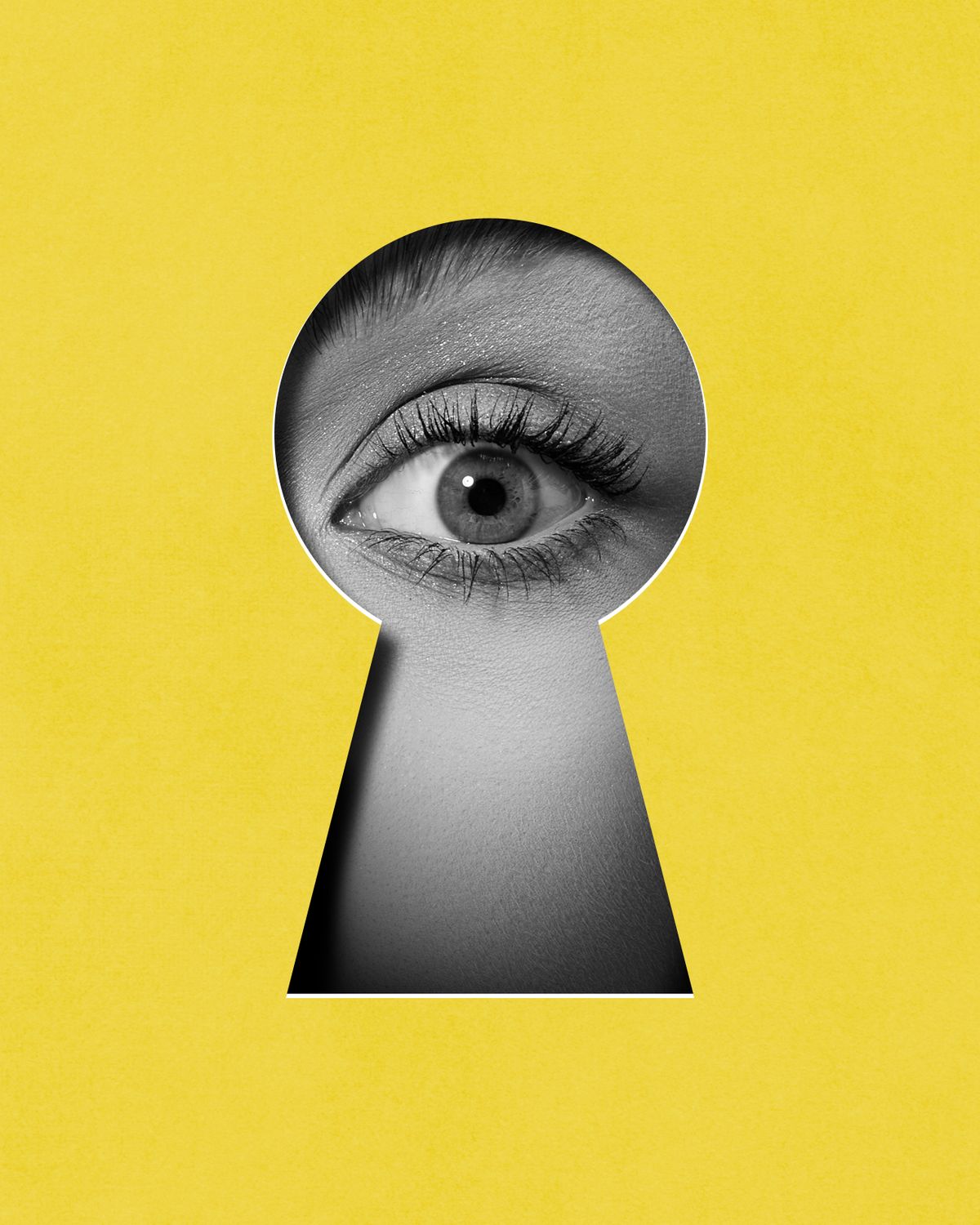 Hidden,Secrets.,Female,Eye,Attentively,Looking,Into,Keyhole,Against,Yellow