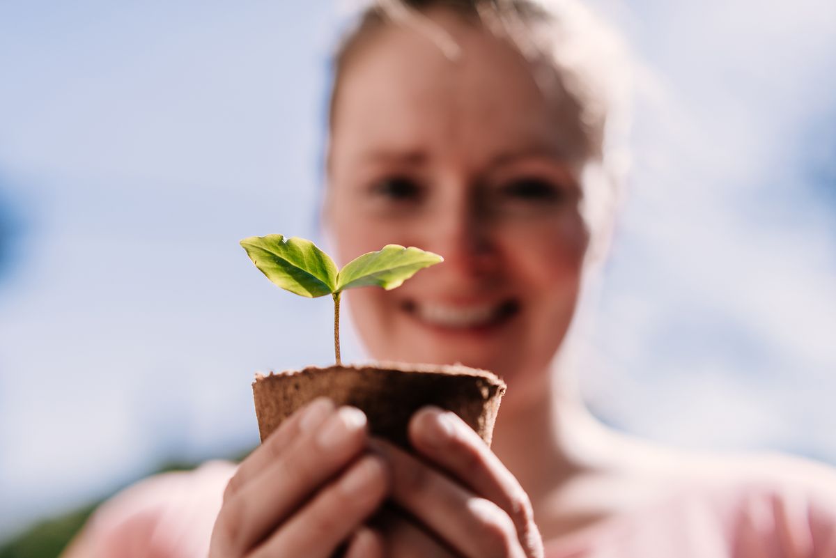 Happy woman looking at seedling outdoor.