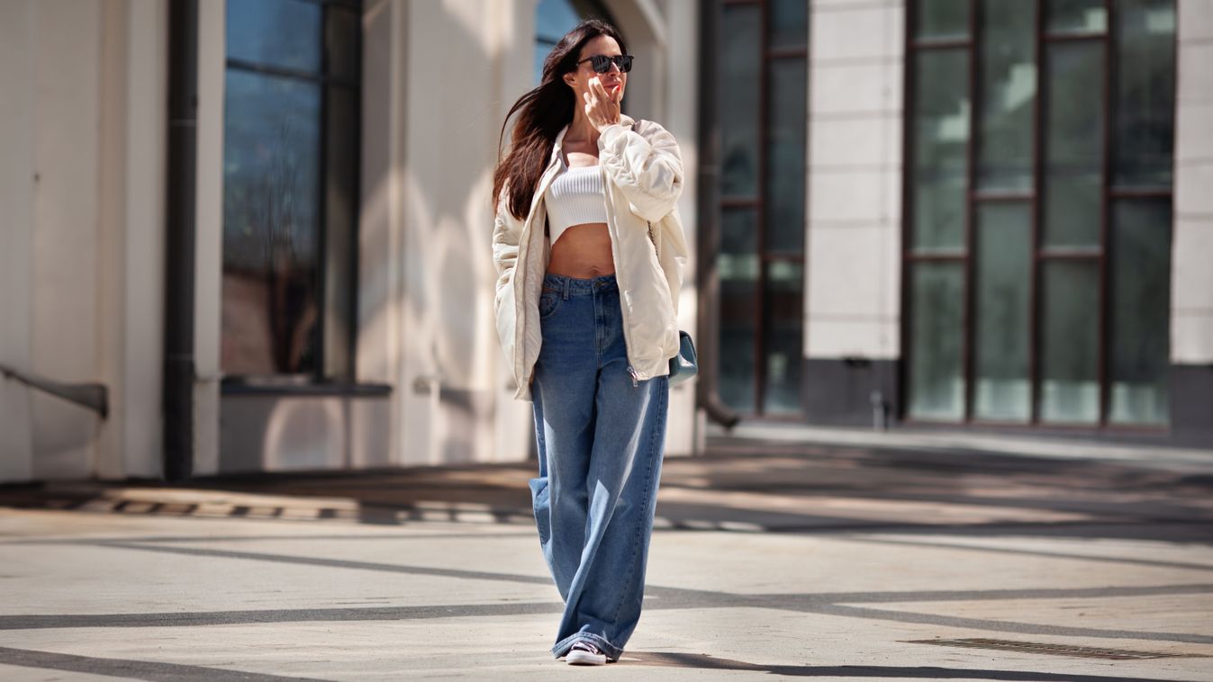 Fashionable,Woman,Wearing,Trendy,White,Bomber,Jacket,,Crop,Top,,Wide