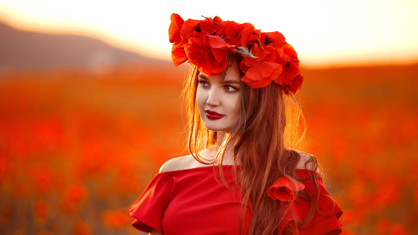 Beautiful,Girl,In,Red,Poppy,Field,At,Sunset.,Beuaty,Makeup.