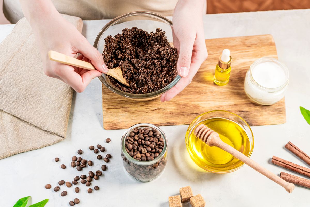 Woman,Mixing,Ingredients,Preparing,Coffee,Scrub,Or,Mask,For,Skin