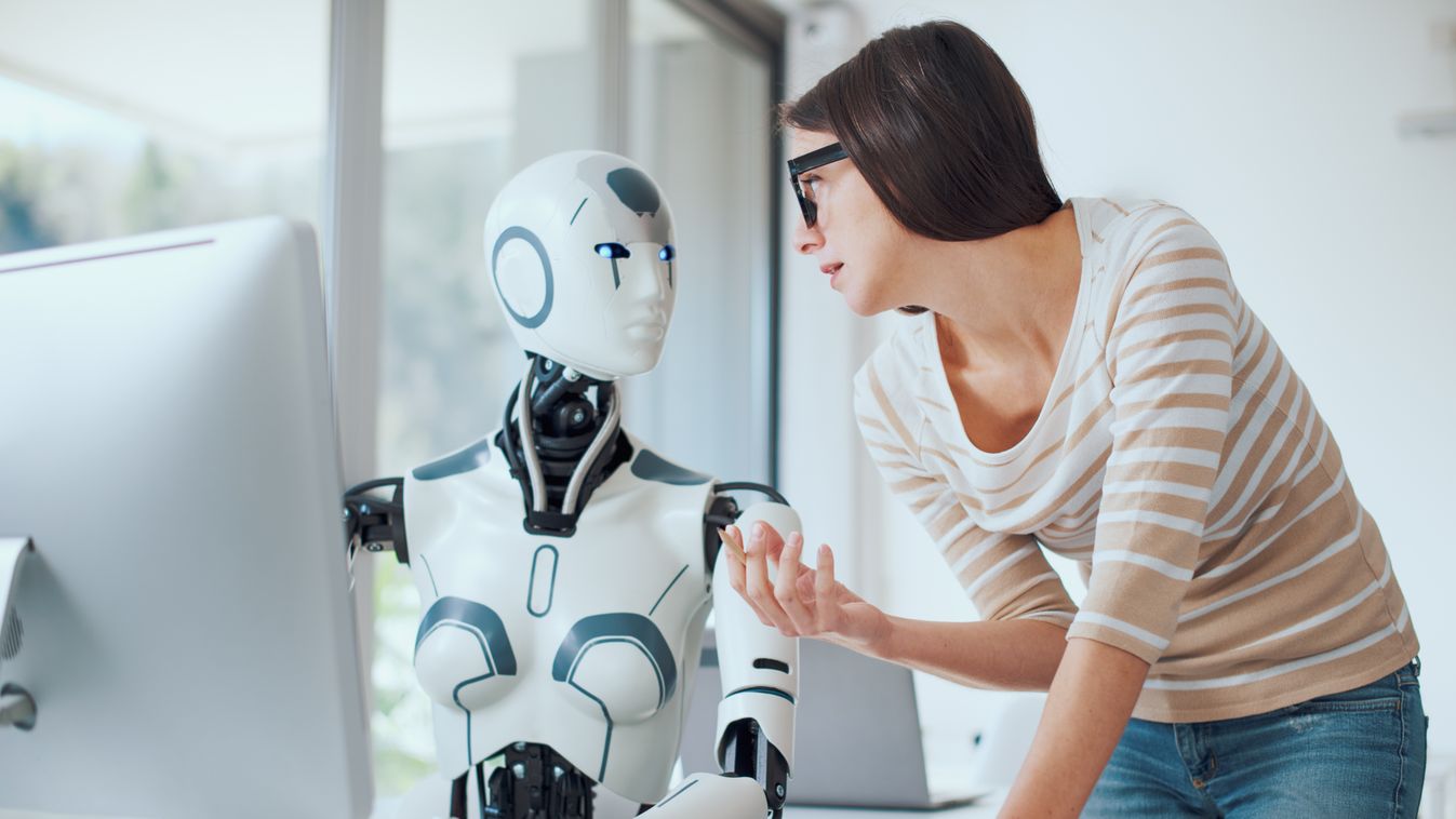 Woman,And,Ai,Robot,Working,Together,In,The,Office,,Automation