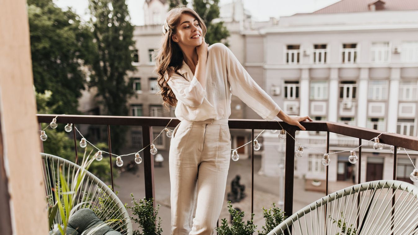 Cool,Woman,In,Beige,Outfit,Smiling,On,Terrace.,Happy,Young