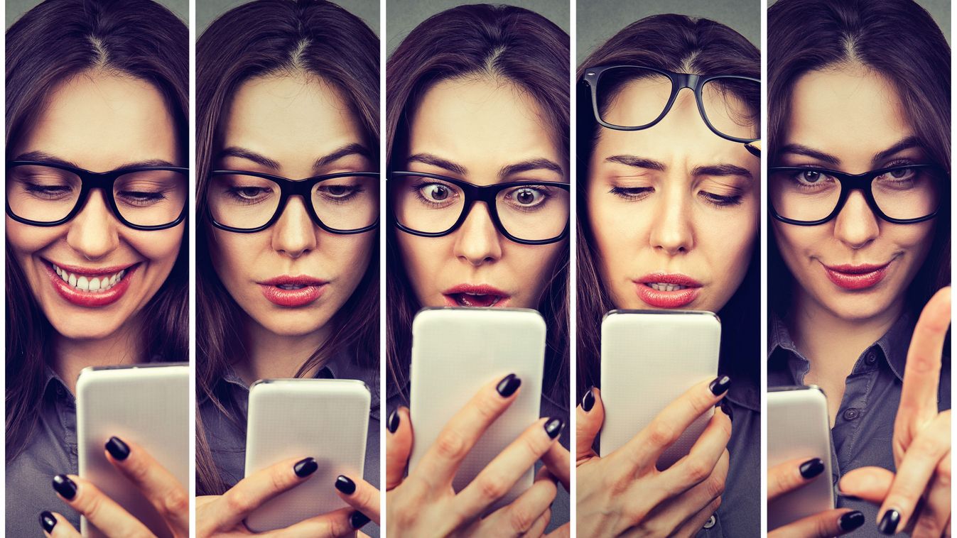Woman,Expressing,Different,Emotions,Using,Smart,Phone