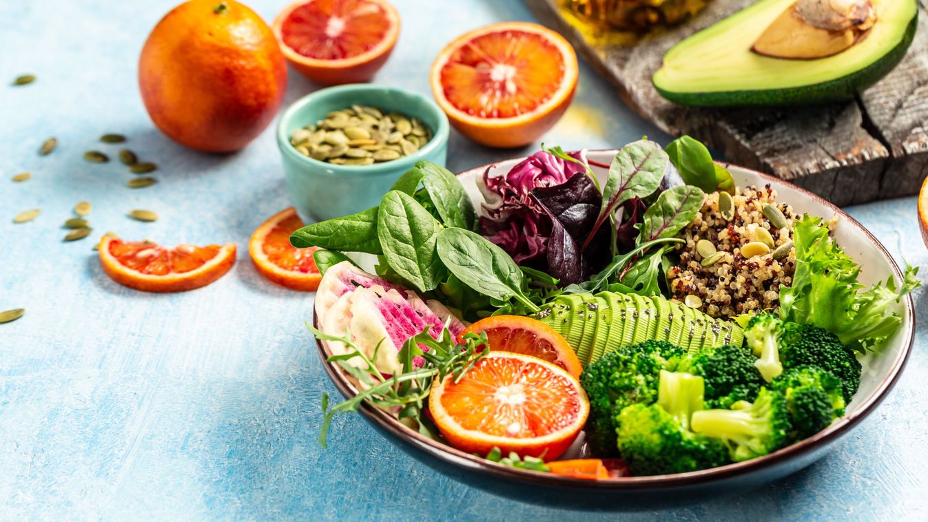 Healthy,Vegetarian,Buddha,Bowl,Salad,With,Vegetables,,Avocado,,Blood,Orange,