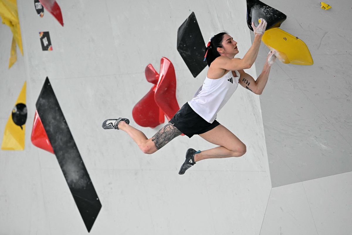 Slovenia's Mia Krampl competes during the Boulder final event of the Sport Climbing Women's Boulder and Lead competition during the Olympic Qualifier Series 2024 in Budapest, Hungary