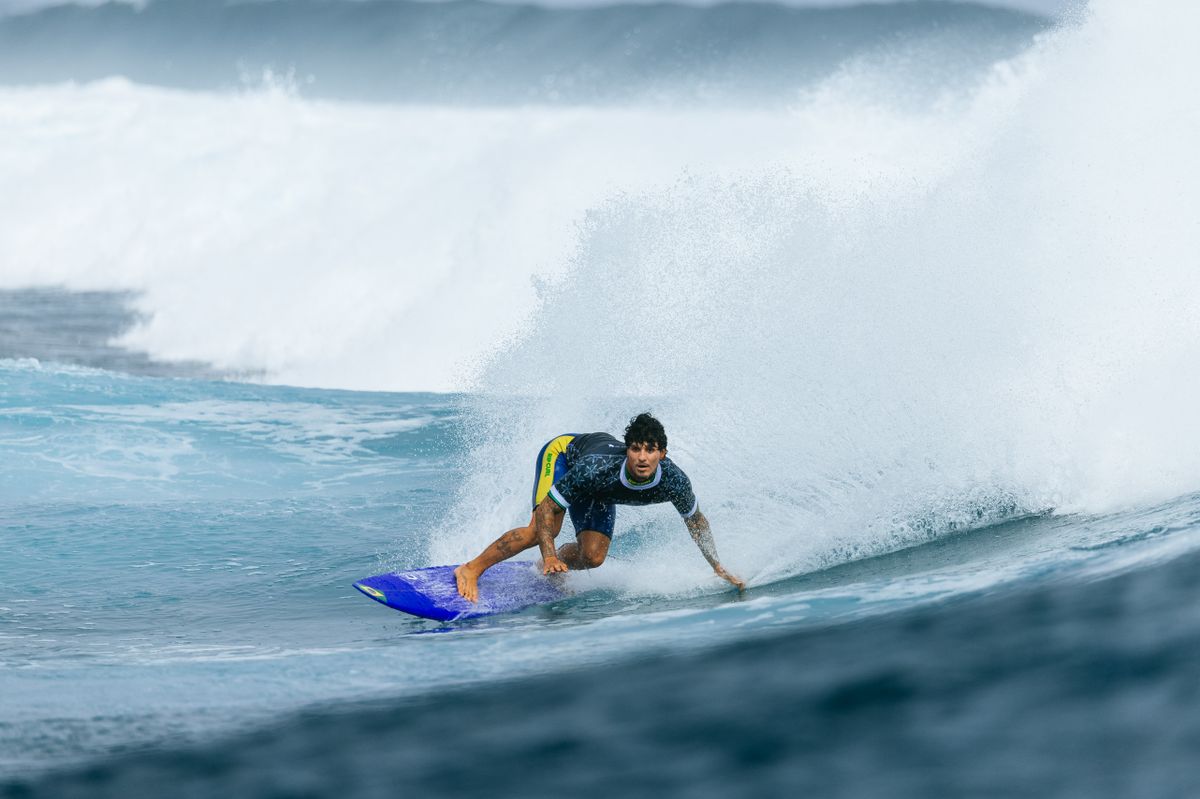 Brazil's Gabriel Medina takes part in a surfing training session in Teahupo'o, on the French Polynesian Island of Tahiti, on July 22, 2024, ahead of the Paris 2024 Olympic Games. 