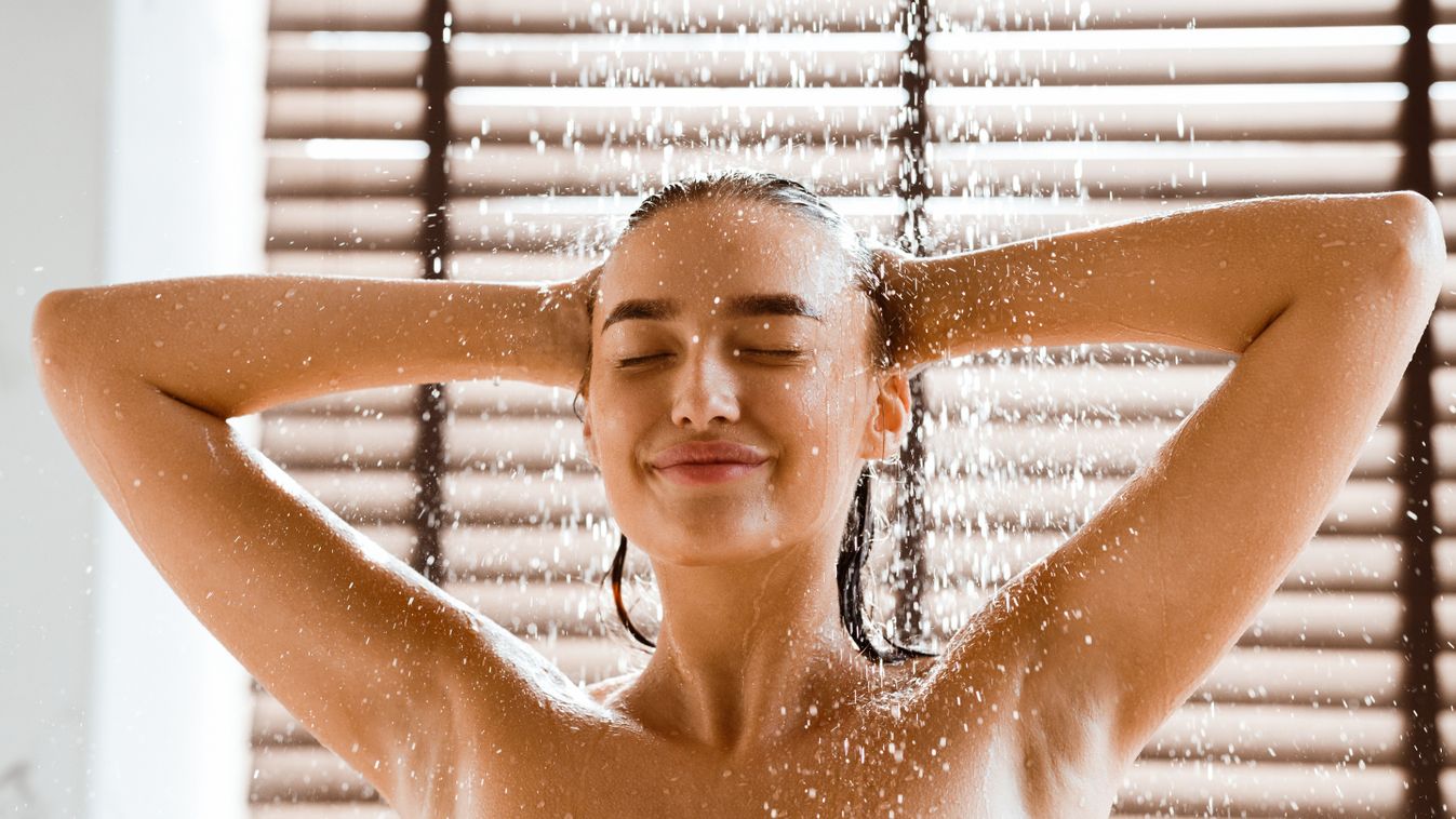 Enjoy,Cool,Shower.,Woman,Washing,Long,Hair,Under,Water,Jet