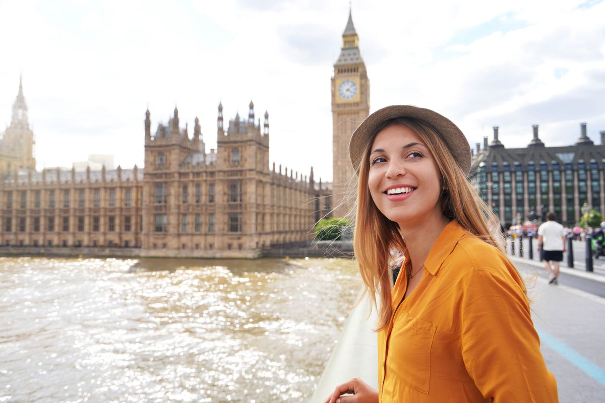 Smiling,Female,Tourist,Visiting,London,Sights,,United,Kingdom