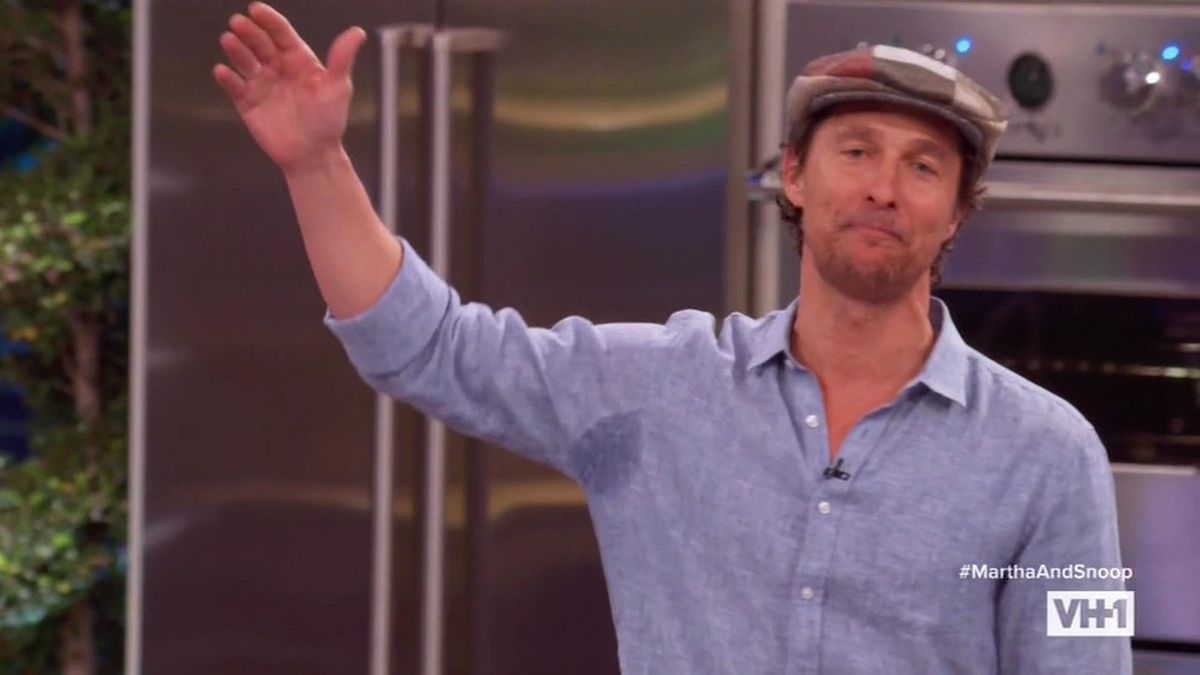 Matthew McConaughey shows off his sweaty armpits before admitting he's a member of the mile high club on Martha & Snoop's Potluck Challenge