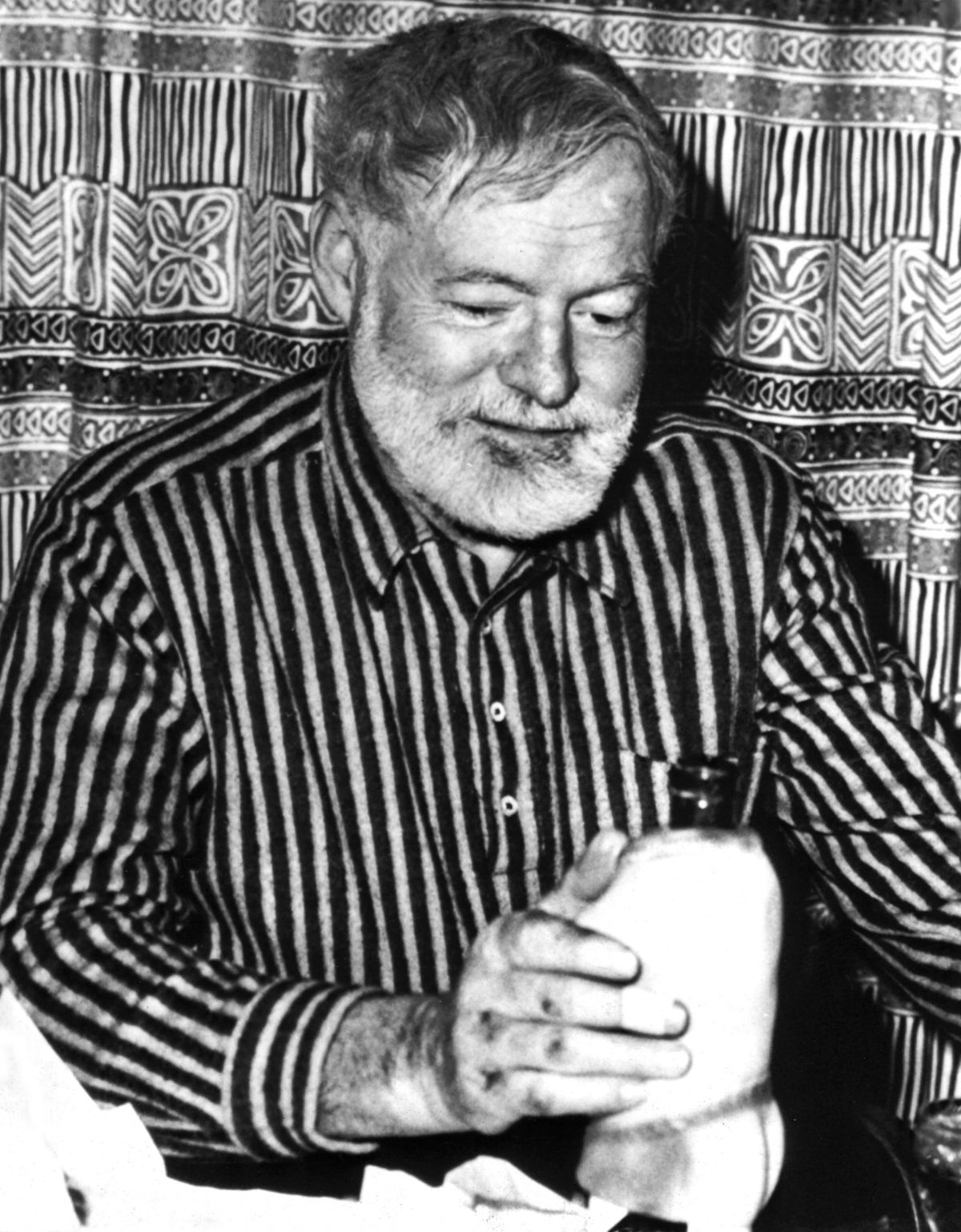 One of the last pictures of Ernest Hemingway (1899-1961) during a party at Sun Valley