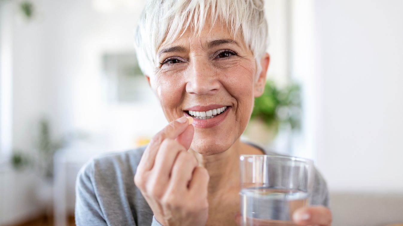 Head,Shot,Portrait,Happy,Woman,Holds,Pill,Glass,Of,Water,
