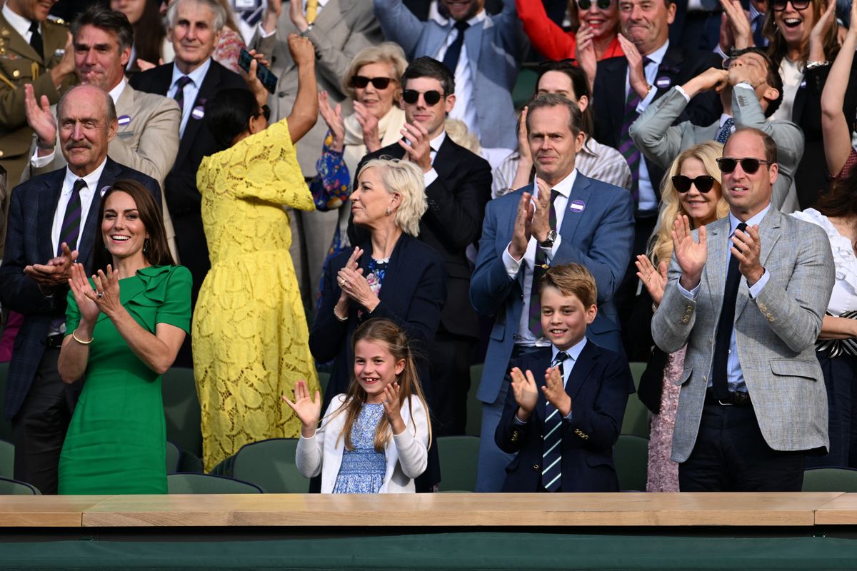 Katalin hercegné, Sarolta hercegnő, György herceg és Vilmos herceg 2023-ban Wimbledonban, a férfi döntőn