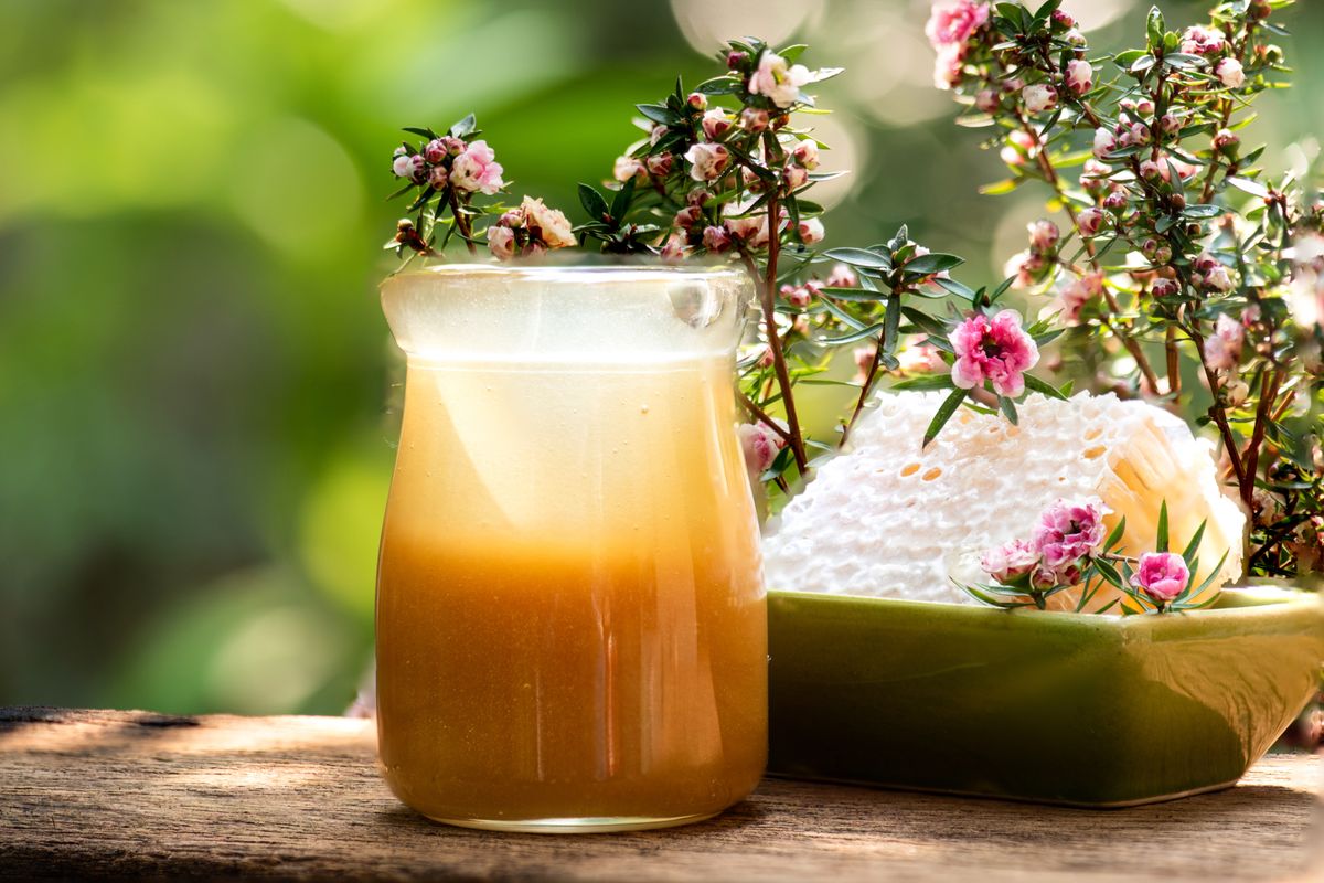 Manuka,Flowers,,,Honey,And,Honeycomb,On,Natural,Background.