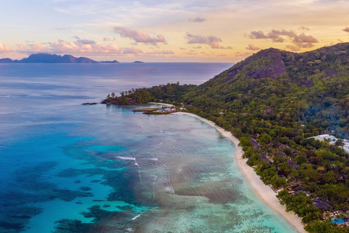 Aerial,Sunset,View,Of,Silhouette,Island,In,The,Seychelles,With