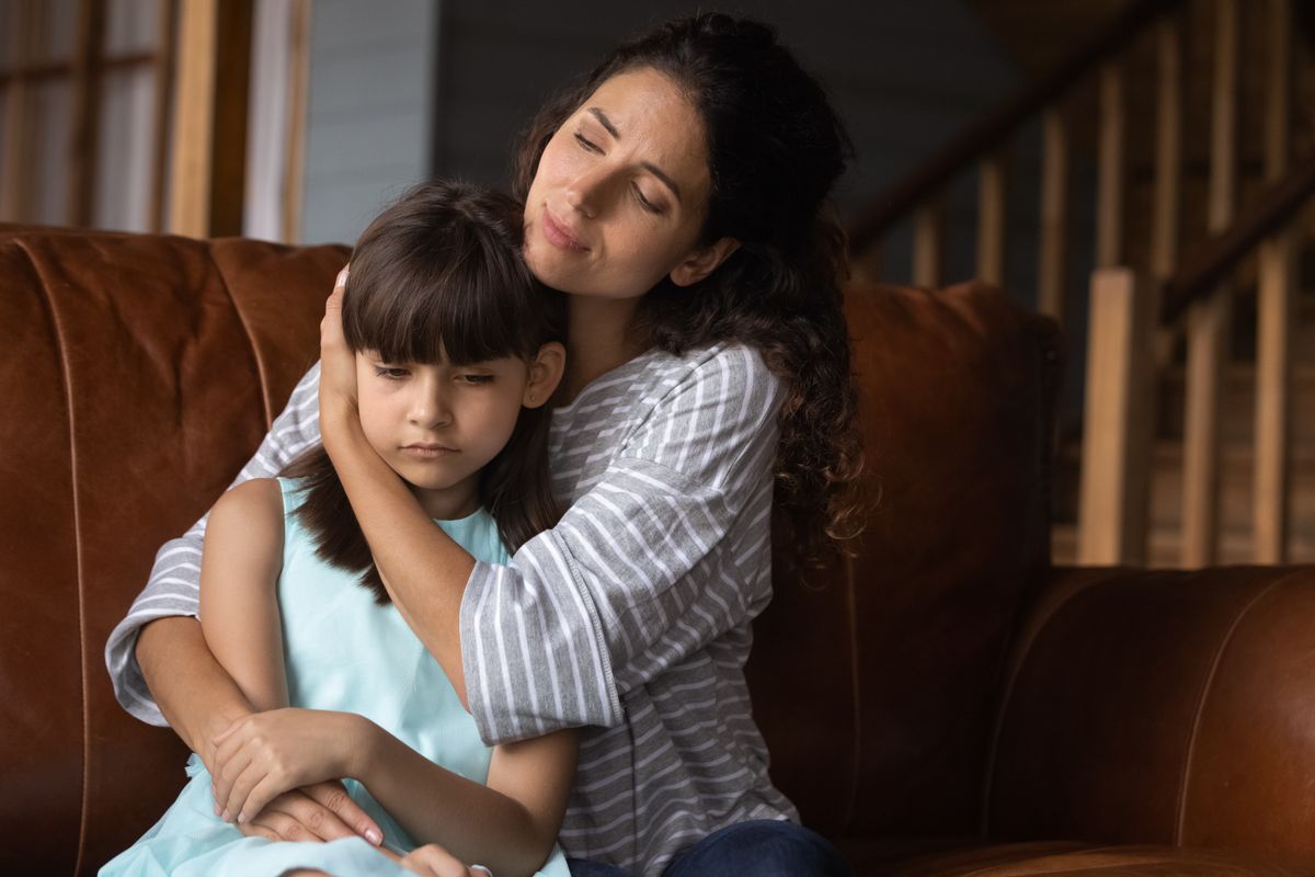 Worried,Mother,Hugging,Sad,Offended,Kid,,Consoling,Girl,,Giving,Comfort,