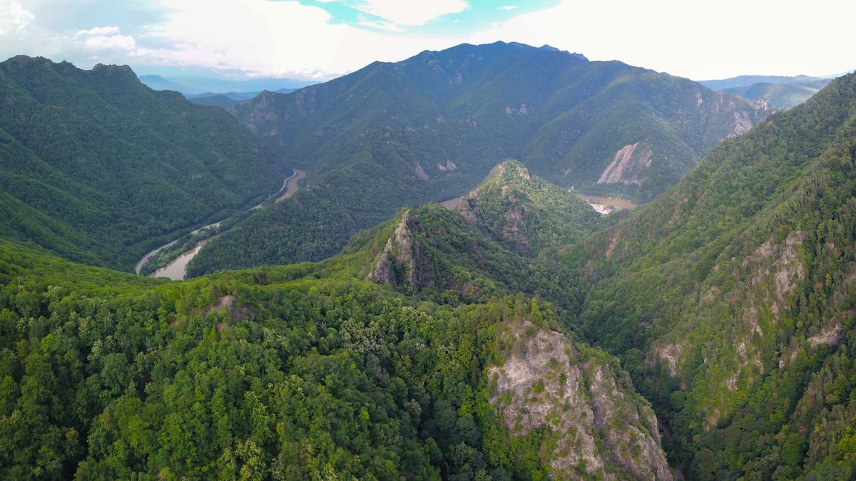 Drone,Flight,Above,Rocky,Mountain,Peaks,Covered,With,Luxuriant,And