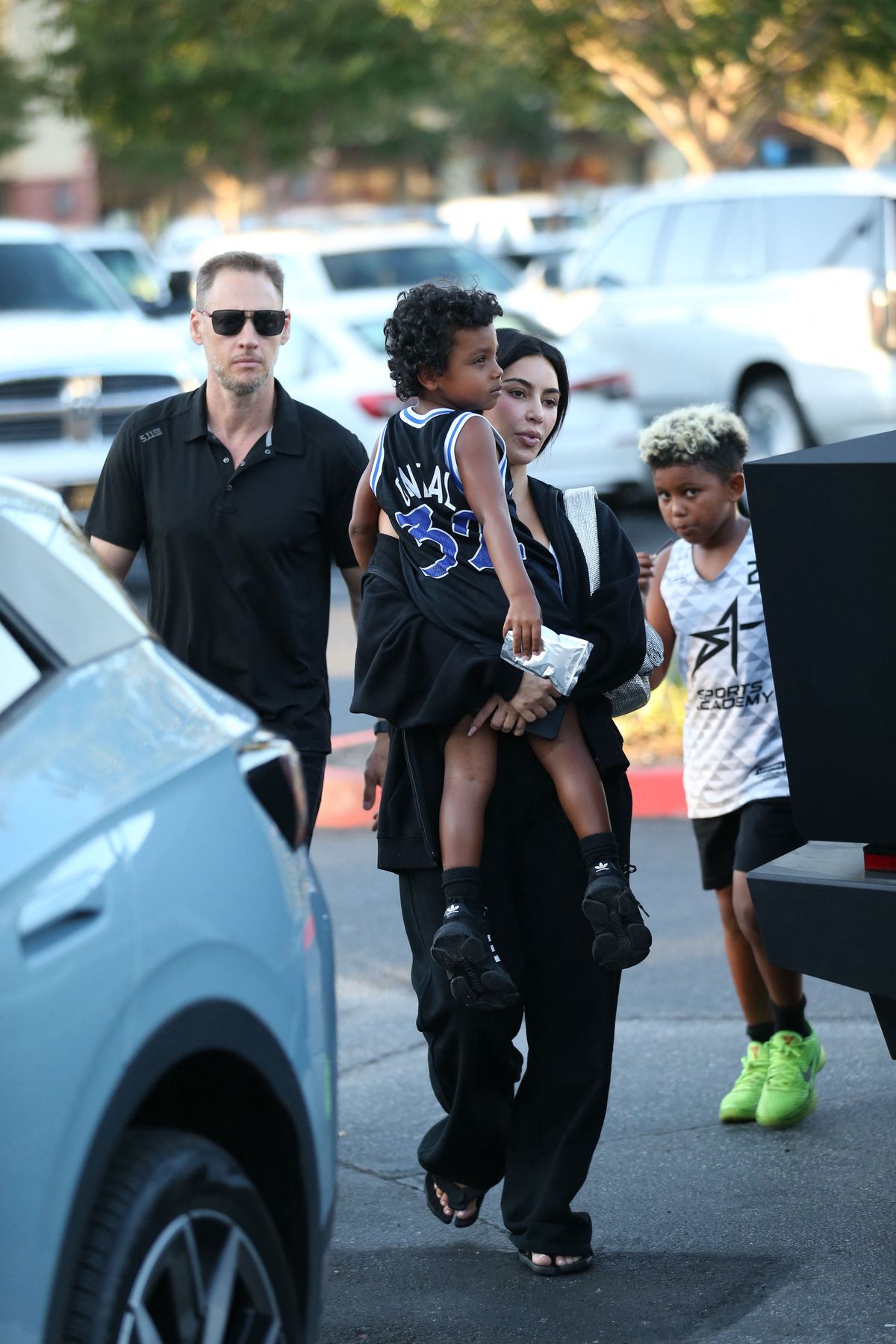 Kim Kardashian is seen arriving at Islands with her children after attending their basketball game