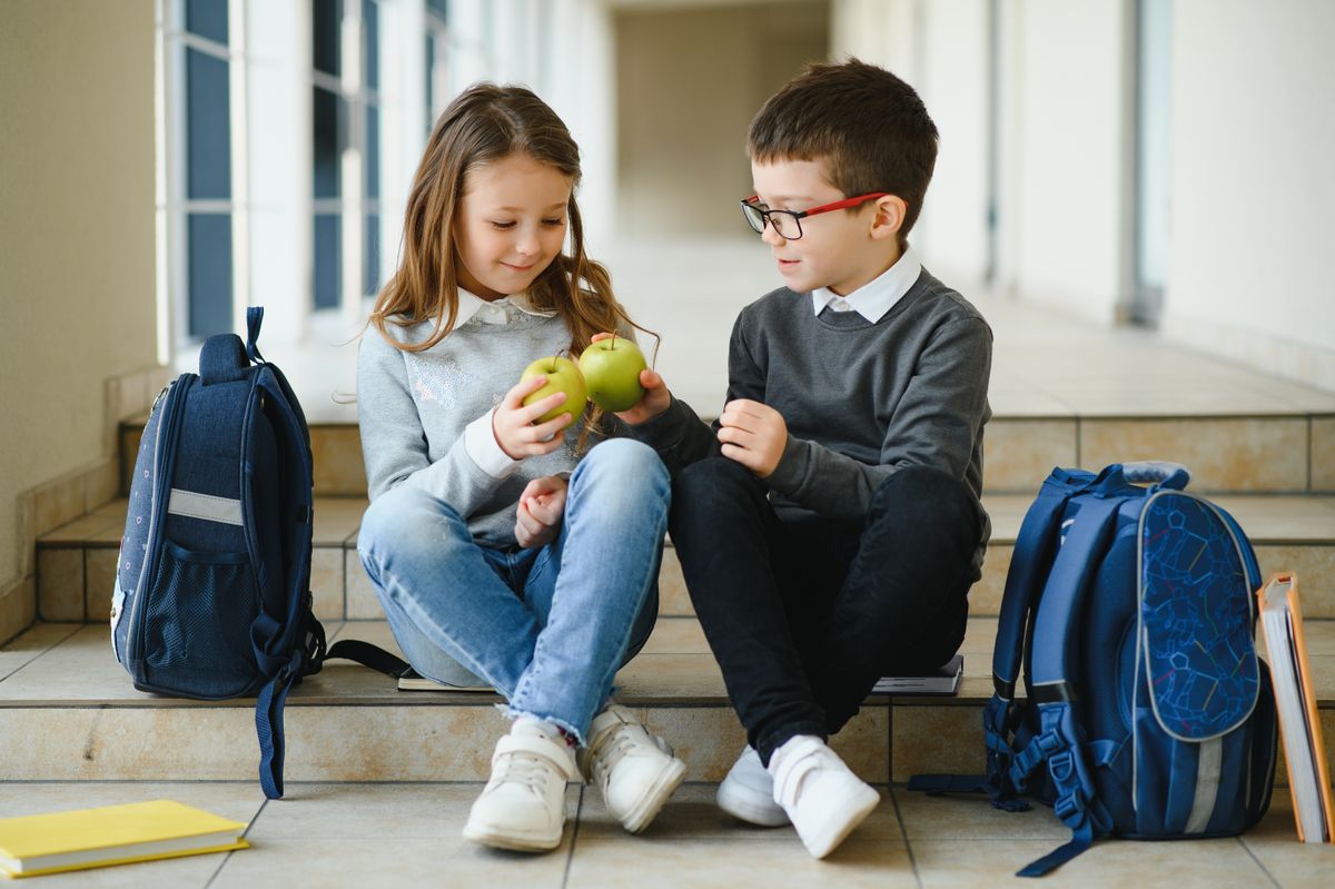 Education is power when selecting food for health. Happy kids take snack break. Nutrition and health education. Healthy eating. Formal education. Private teaching. Education and study.