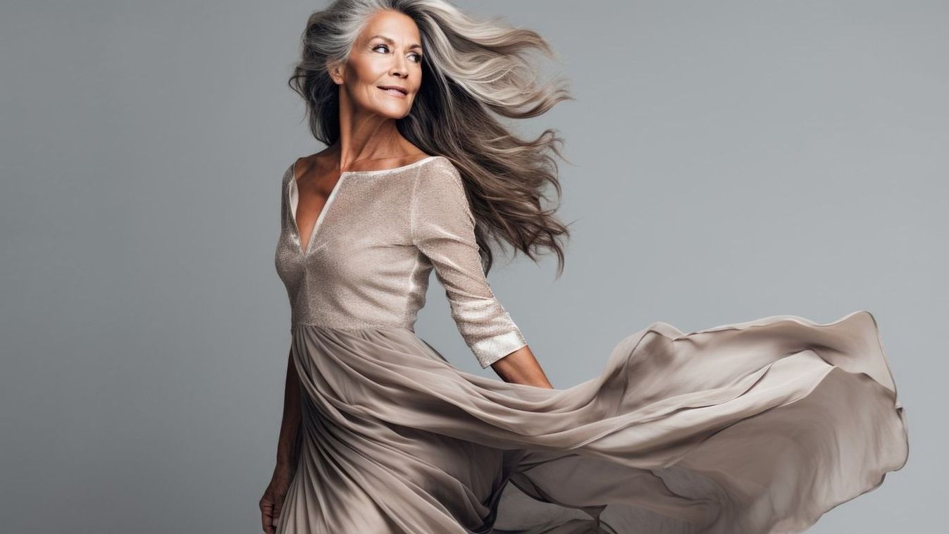 elegant 60 years old woman in grey hair, ai