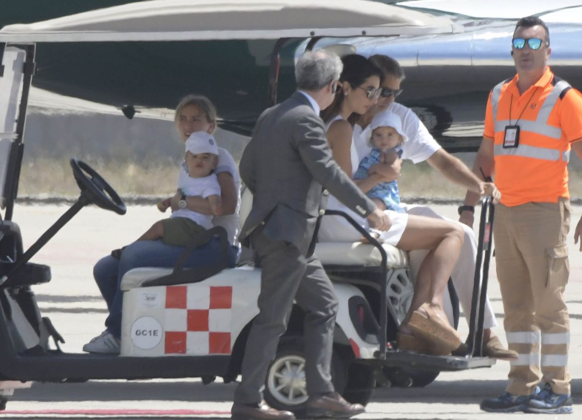 George Clooney departing from Olbia with wife Amal and the twins