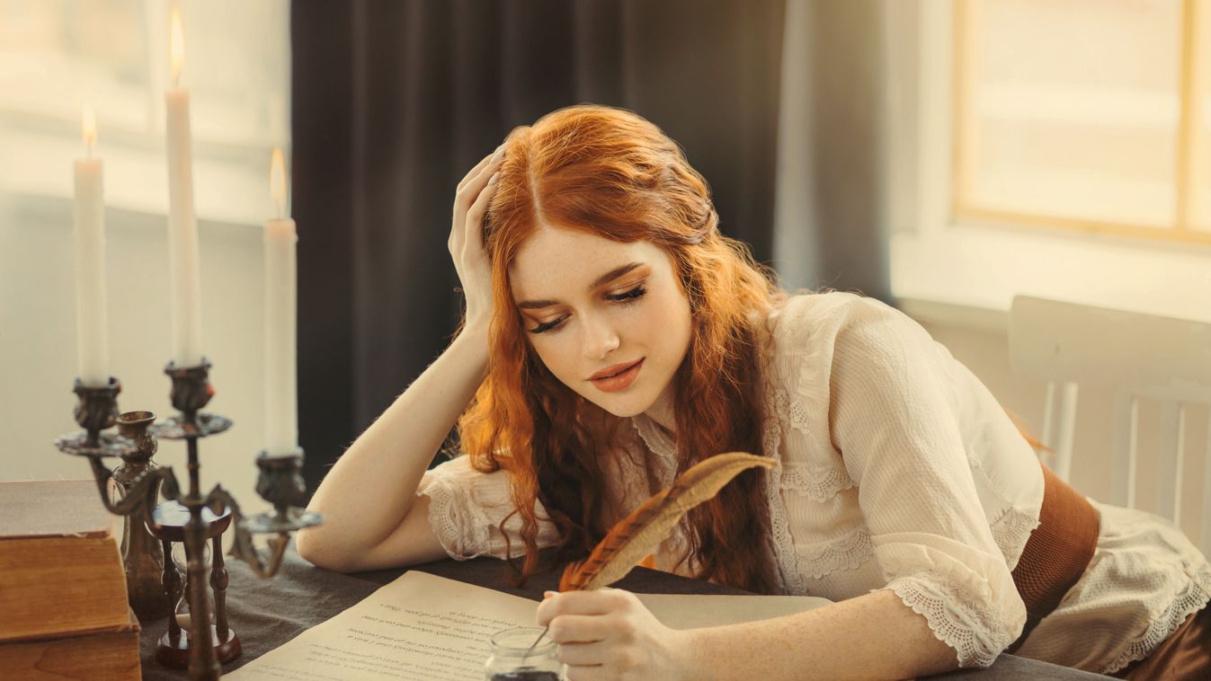 Medieval,Red-haired,Woman,Writer,Holds,Pen,Feather,Quill,In,Hands,