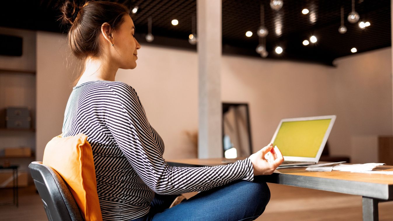 Stress,Relief,During,Freelance,Work.,Brunette,Woman,Freelancer,Sitting,In