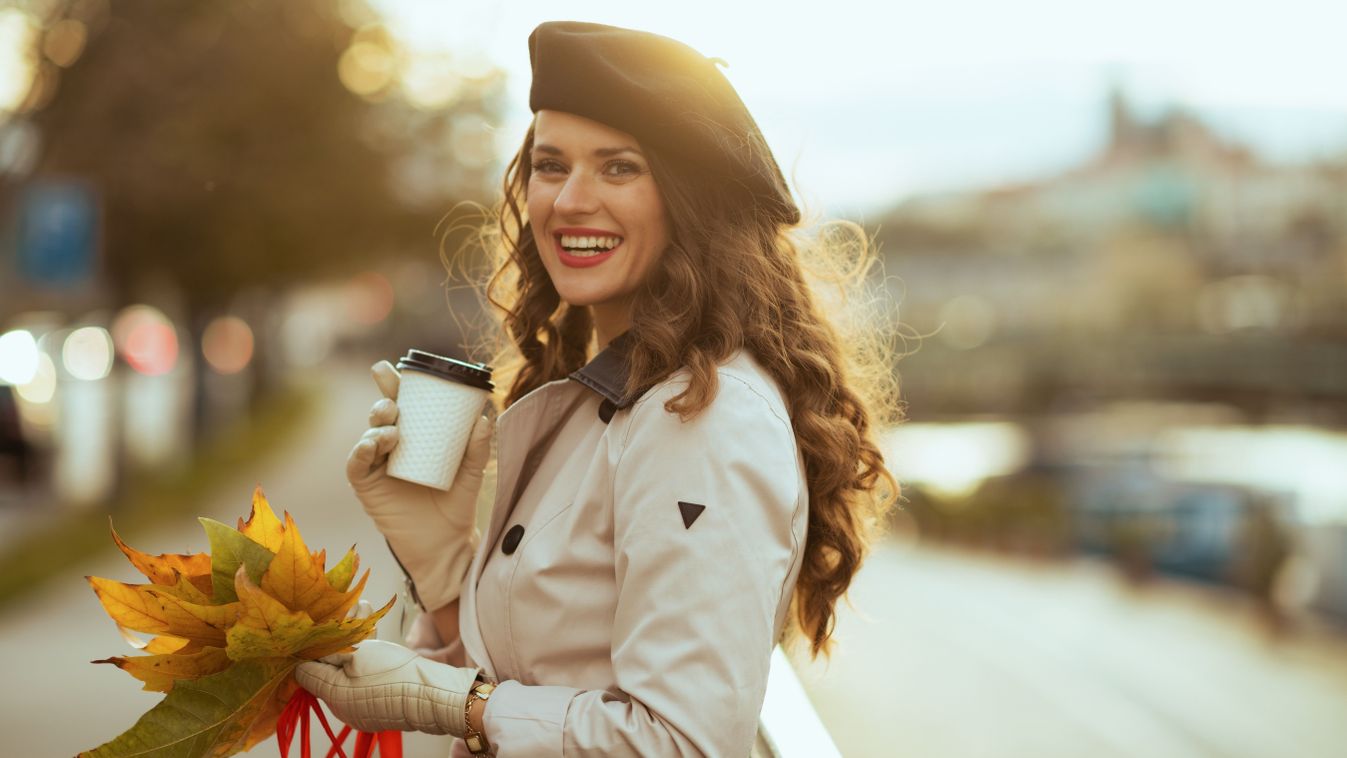 Hello,Autumn.,Happy,40,Years,Old,Woman,In,Beige,Trench