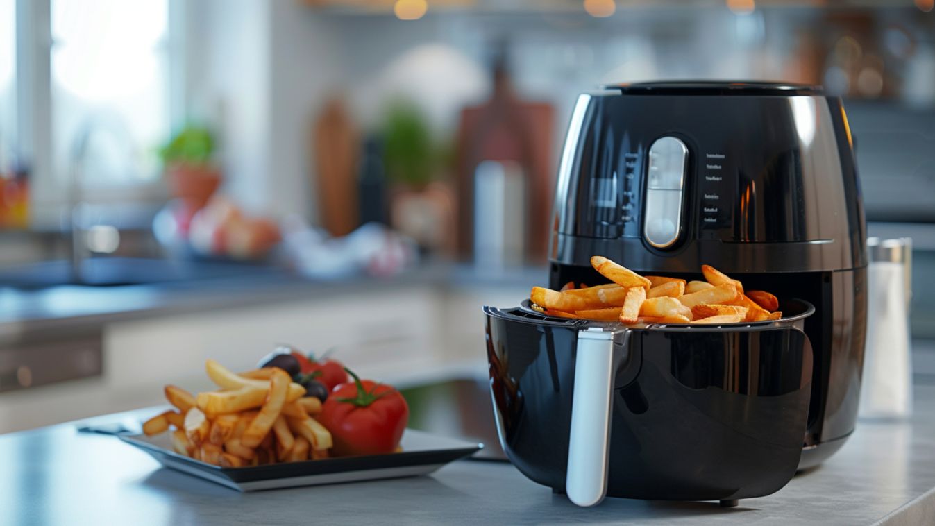 A,Sleek,Black,Air,Fryer,Sits,On,A,Modern,Kitchen