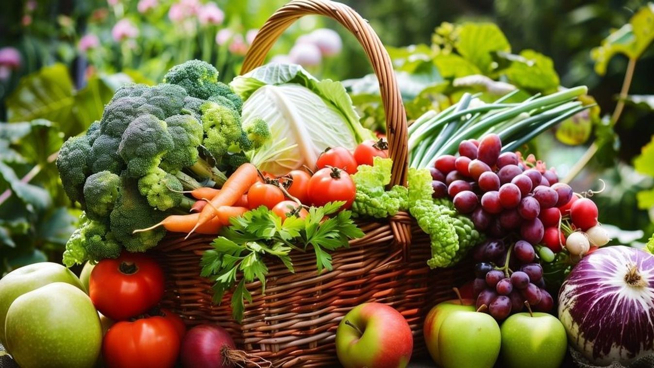 A,Wicker,Basket,Filled,With,Fresh,Vegetables,And,Fruits,,Including