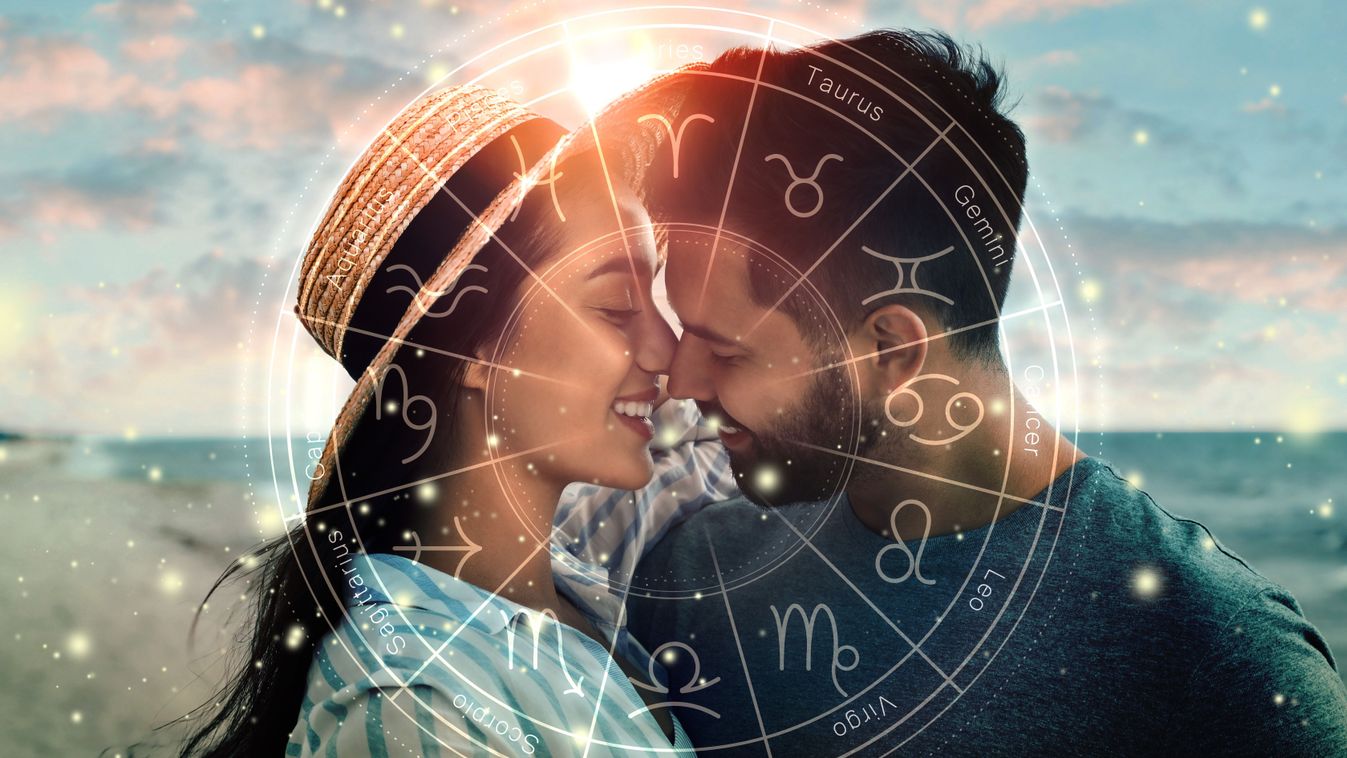 Horoscope,Compatibility.,Loving,Couple,On,Beach,And,Zodiac,Wheel