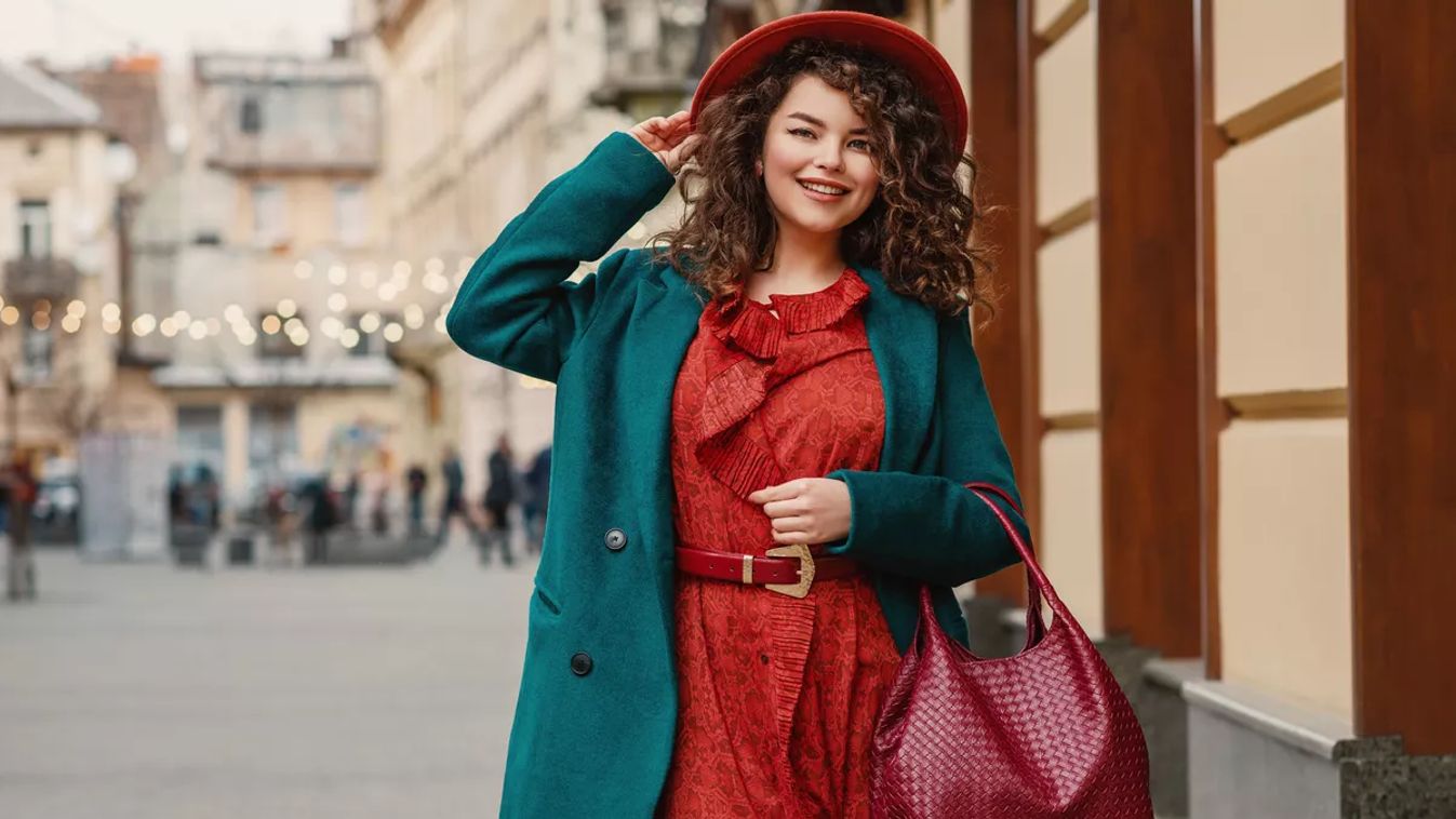 Happy,Smiling,Fashionable,Curvy,Woman,Wearing,Trendy,Autumn,Outfit:,Orange