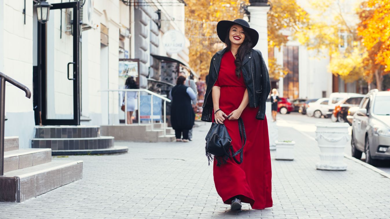 Young,Stylish,Woman,Wearing,Red,Maxi,Dress,,Black,Leather,Jacket