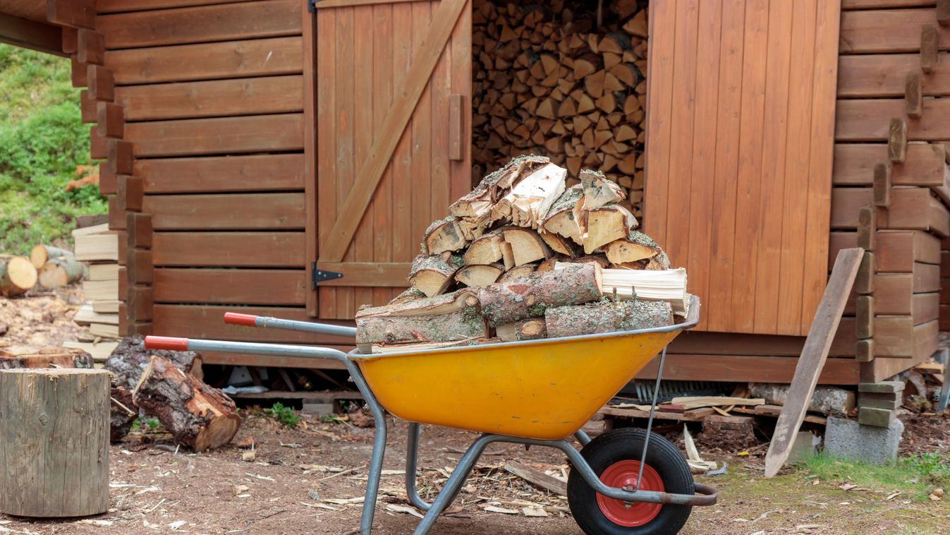 Yellow,Metal,Garden,Wheelbarrow,And,A,Pile,Of,Sawn,Firewood