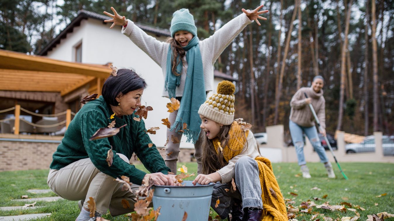 Happy,Little,Girls,With,Grandmother,Picking,Up,Leaves,And,Putting