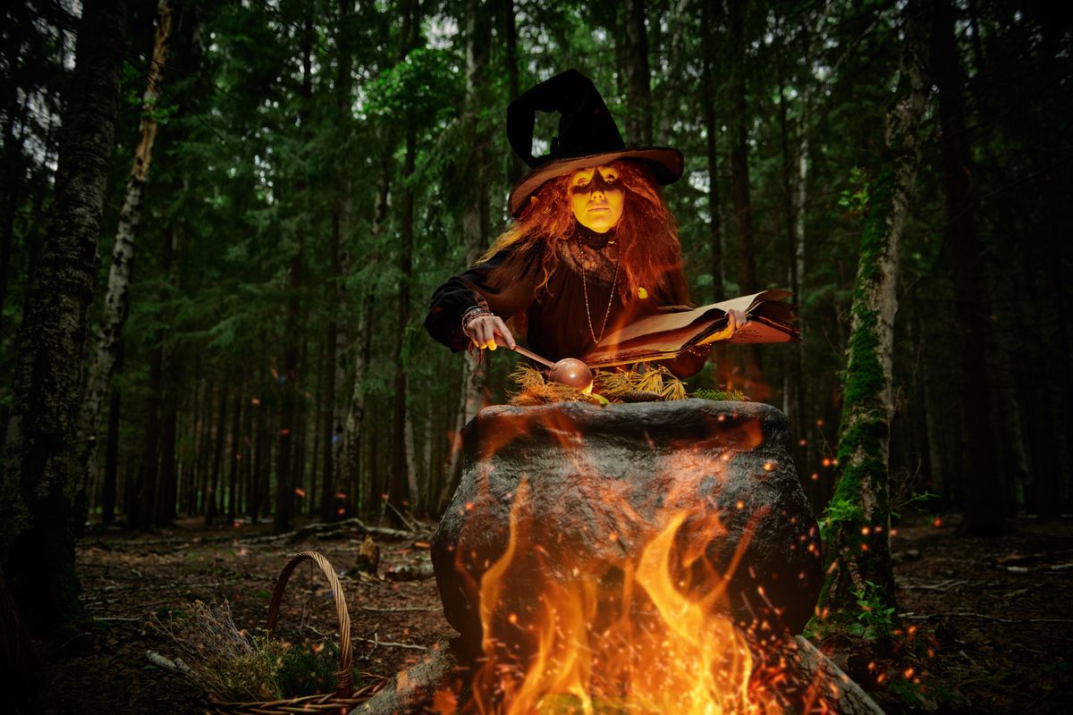 Halloween.,A,Forest,Witch,Brews,A,Magic,Potion,In,A