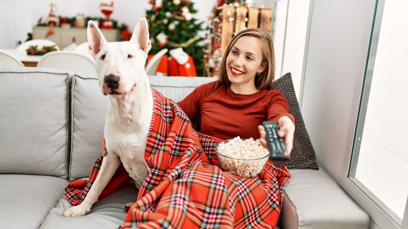 Young,Caucasian,Woman,Watching,Movie,Sitting,With,Dog,By,Christmas