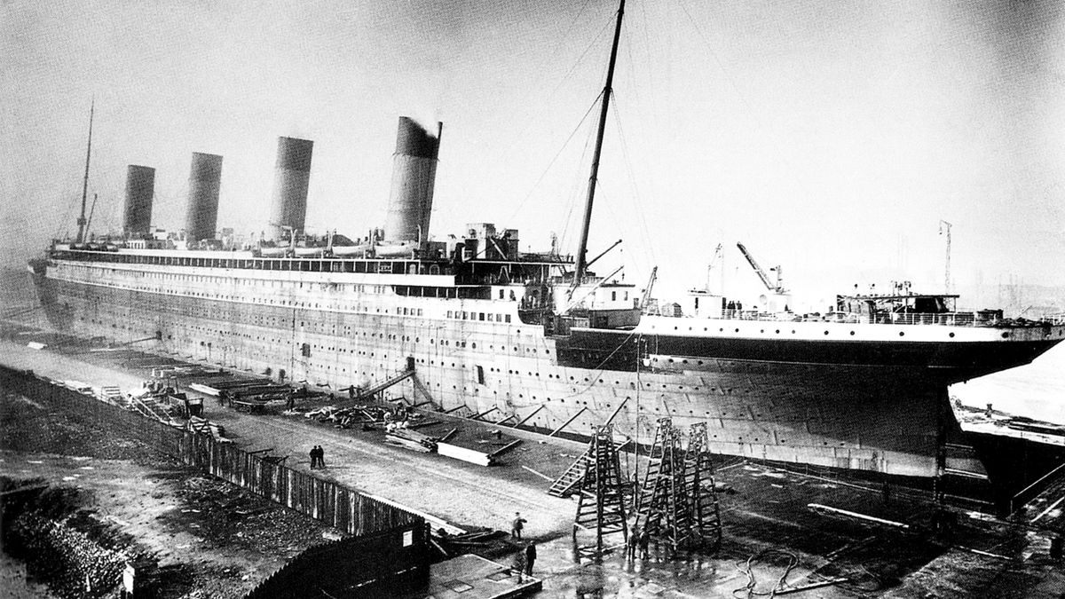 UK: RMS Titanic being fitted out at Harland and Wolf Shipyard, Belfast, 1911-1912