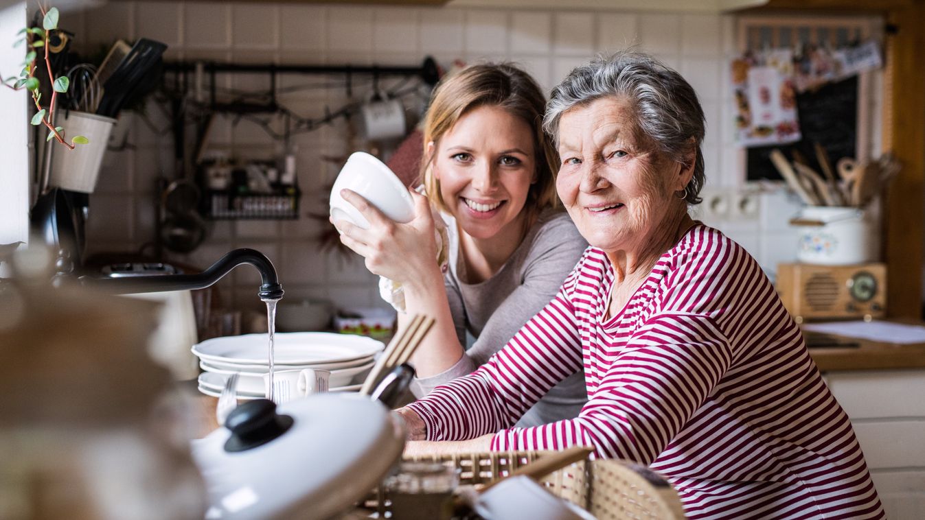 An,Elderly,Grandmother,With,An,Adult,Granddaughter,At,Home,,Washing