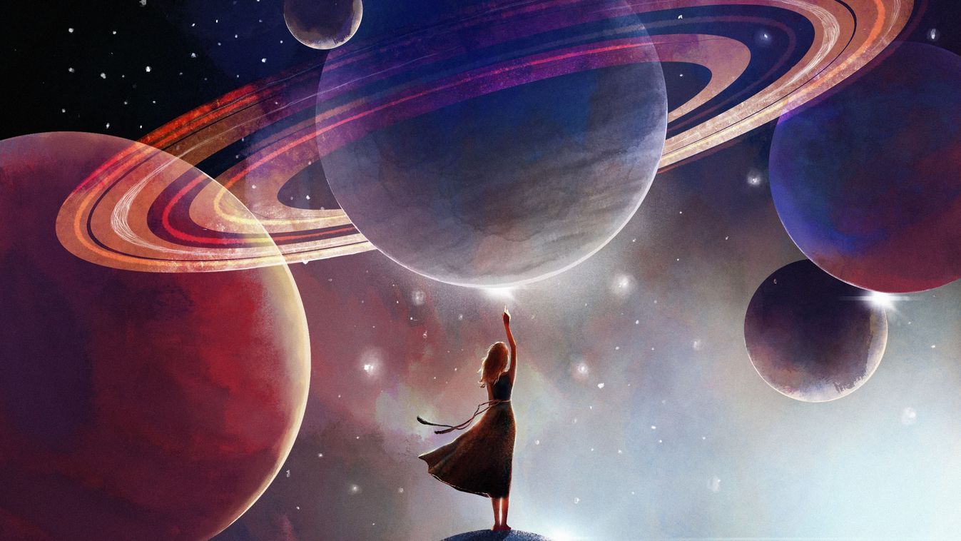 Space,Background,For,Astrology,,A,Woman,Touches,The,Planet.,Futuristic