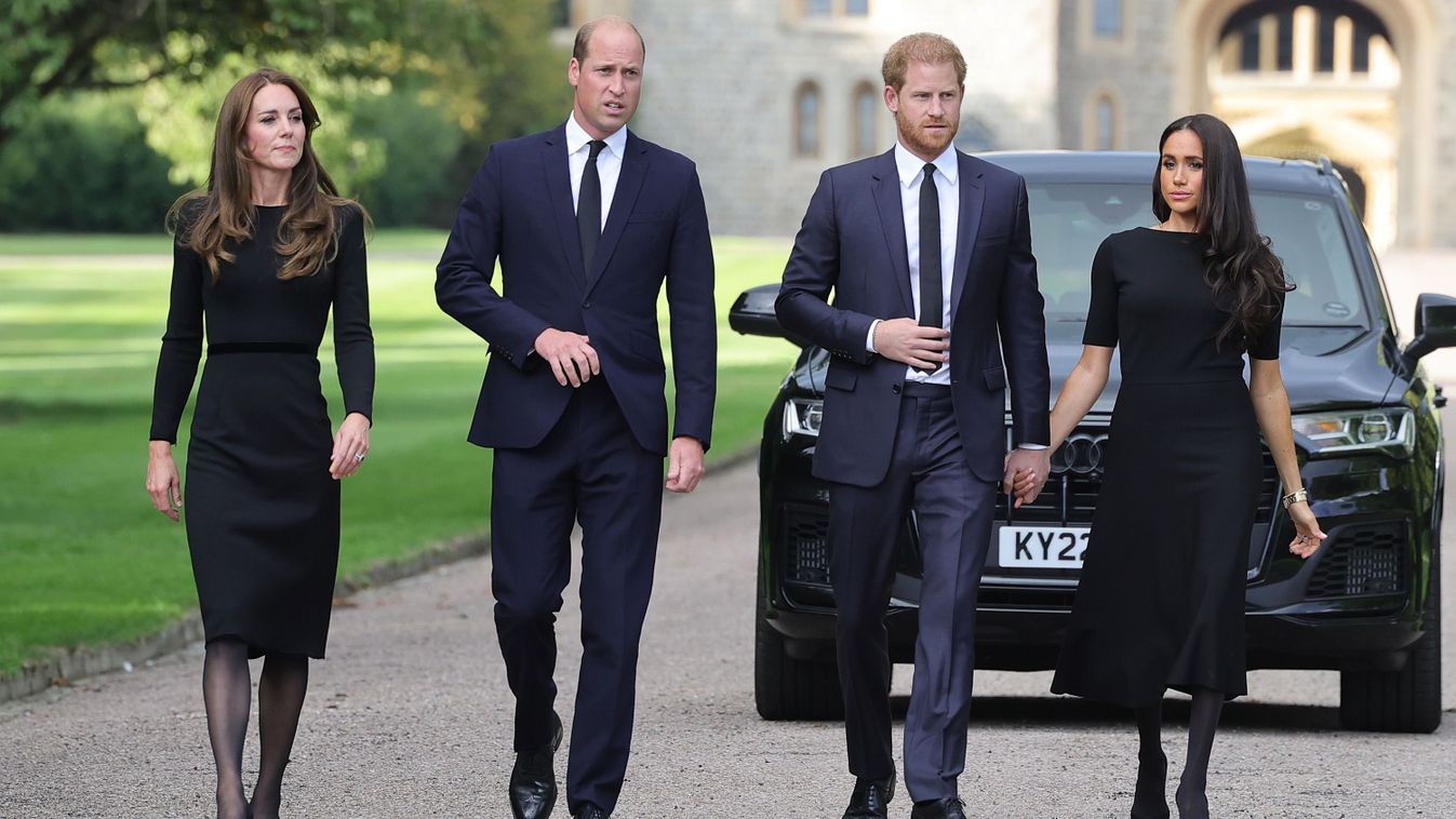 The Prince and Princess of Wales Accompanied By The Duke And Duchess Of Sussex Greet Wellwishers Outside Windsor Castle