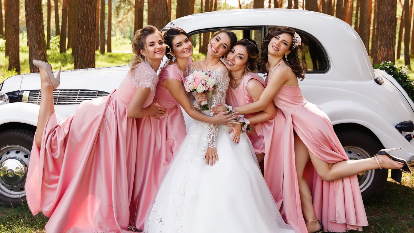 Happy,Wedding,Day.,Beautiful,Bride,And,Bridesmaids,In,Pink,Dresses