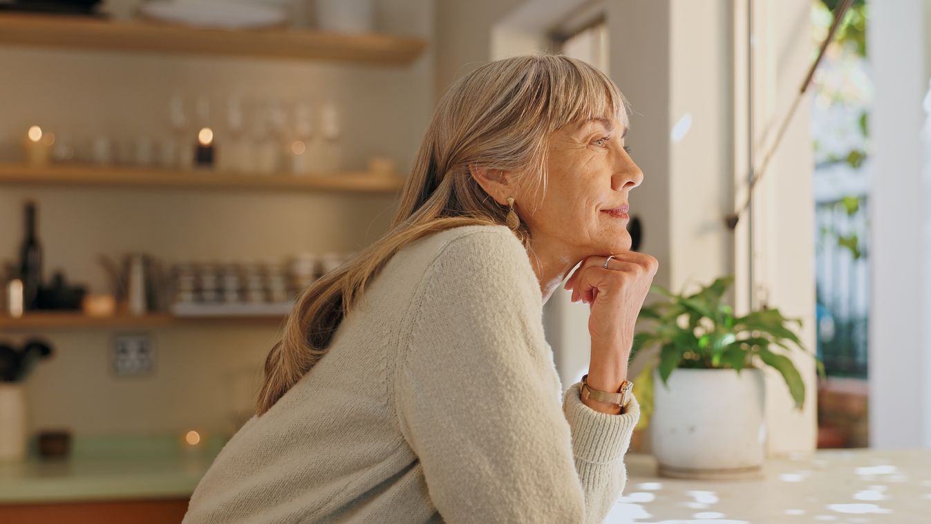 Window,,Smile,And,Elderly,Woman,With,Thinking,At,Home,For